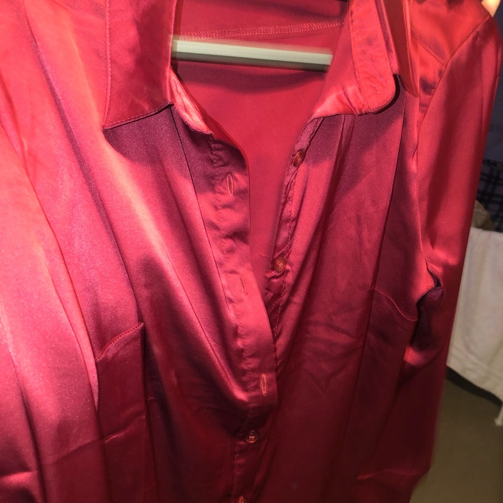 Red silky button up blouser top